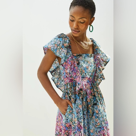 Anthropologie Clementina Eyelet Floral Boho Maxi Dress Women’s Size M - Picture 3 of 16